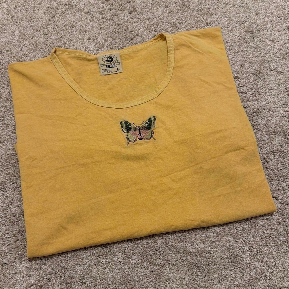 Rare 80s Vintage Anvil Pigment-Dyed Butterfly T-Shirt | Yellow | Large